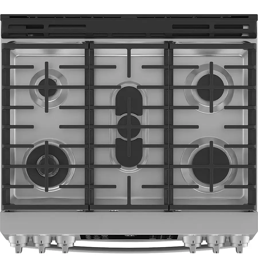 The image shows a close-up view of a stove top with four burners. The burners are arranged in a square pattern, with each burner having a different size. The stove top is made of stainless steel, giving it a sleek and modern appearance. The burners are designed to provide even heat distribution and efficient cooking.