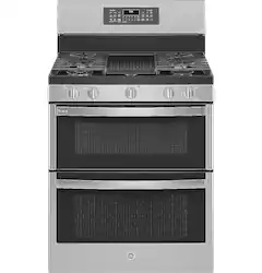 GE Profile - 6.8 Cu. Ft. Frestanding Double Oven Gas True Convection Range with No-Preheat Air Fry - Stainless Steel - Front_Zoom