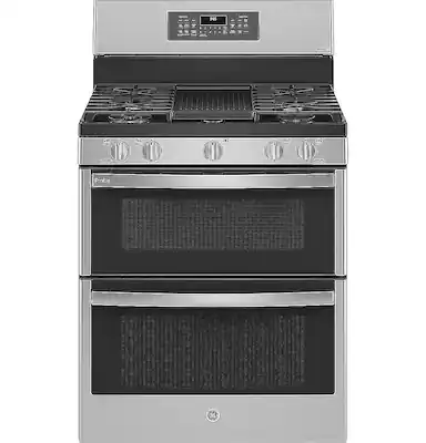 Front. GE Profile - 6.8 Cu. Ft. Frestanding Double Oven Gas True Convection Range with No-Preheat Air Fry - Stainless Steel.