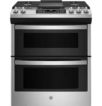 Front. GE - 6.7 Cu. Ft. Slide-In Double-Oven Gas Range with Steam-Cleaning and No-Preheat Air Fry - Stainless Steel.