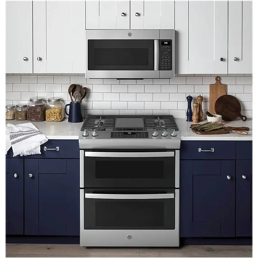 Alt View 13. GE - 6.7 Cu. Ft. Slide-In Double-Oven Gas Range with Steam-Cleaning and No-Preheat Air Fry - Stainless Steel.