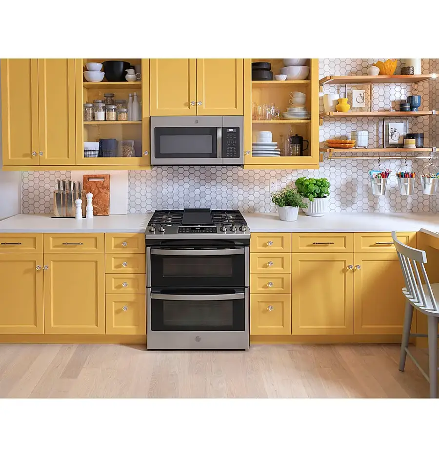 Alt View 14. GE - 6.7 Cu. Ft. Slide-In Double-Oven Gas Range with Steam-Cleaning and No-Preheat Air Fry - Stainless Steel.