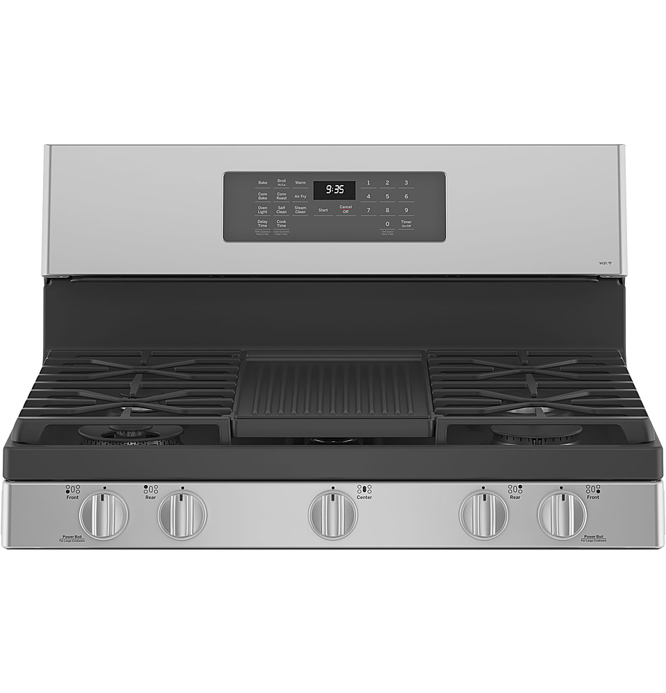 GE Profile 30-Inch 5 Burner 5.6 Cu Ft Self-Cleaning Air Fryer Convection  Oven Slide-In Gas Range PGS930YPFS