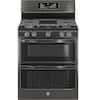 Front. GE Profile - 6.8 Cu. Ft. Frestanding Double Oven Gas True Convection Range with No-Preheat Air Fry - Black Stainless Steel.