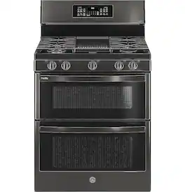 GE Profile - 6.8 Cu. Ft. Frestanding Double Oven Gas True Convection Range with No-Preheat Air Fry - Black Stainless Steel