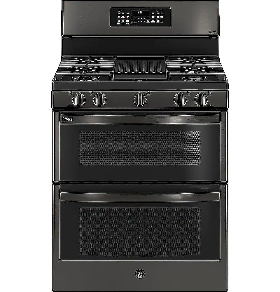 Front. GE Profile - 6.8 Cu. Ft. Frestanding Double Oven Gas True Convection Range with No-Preheat Air Fry - Black Stainless Steel.