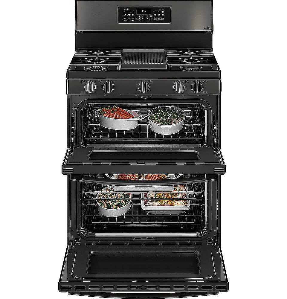Alt View 12. GE Profile - 6.8 Cu. Ft. Frestanding Double Oven Gas True Convection Range with No-Preheat Air Fry - Black Stainless Steel.