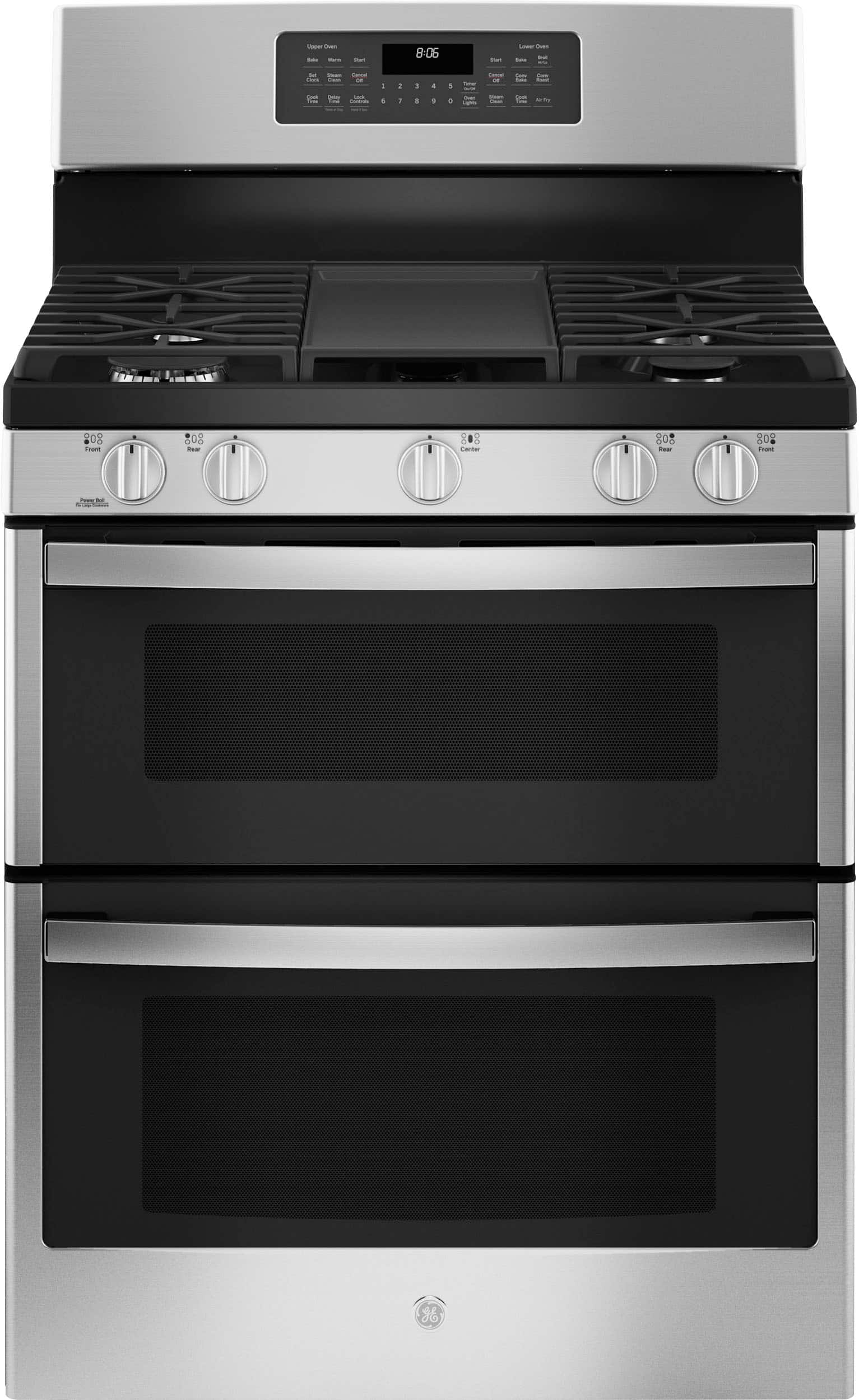 Front. GE - 6.8 Cu. Ft. Freestanding Double-Oven Gas Convection Range with Self-Steam Cleaning and No-Preheat Air Fry - Stainless steel.