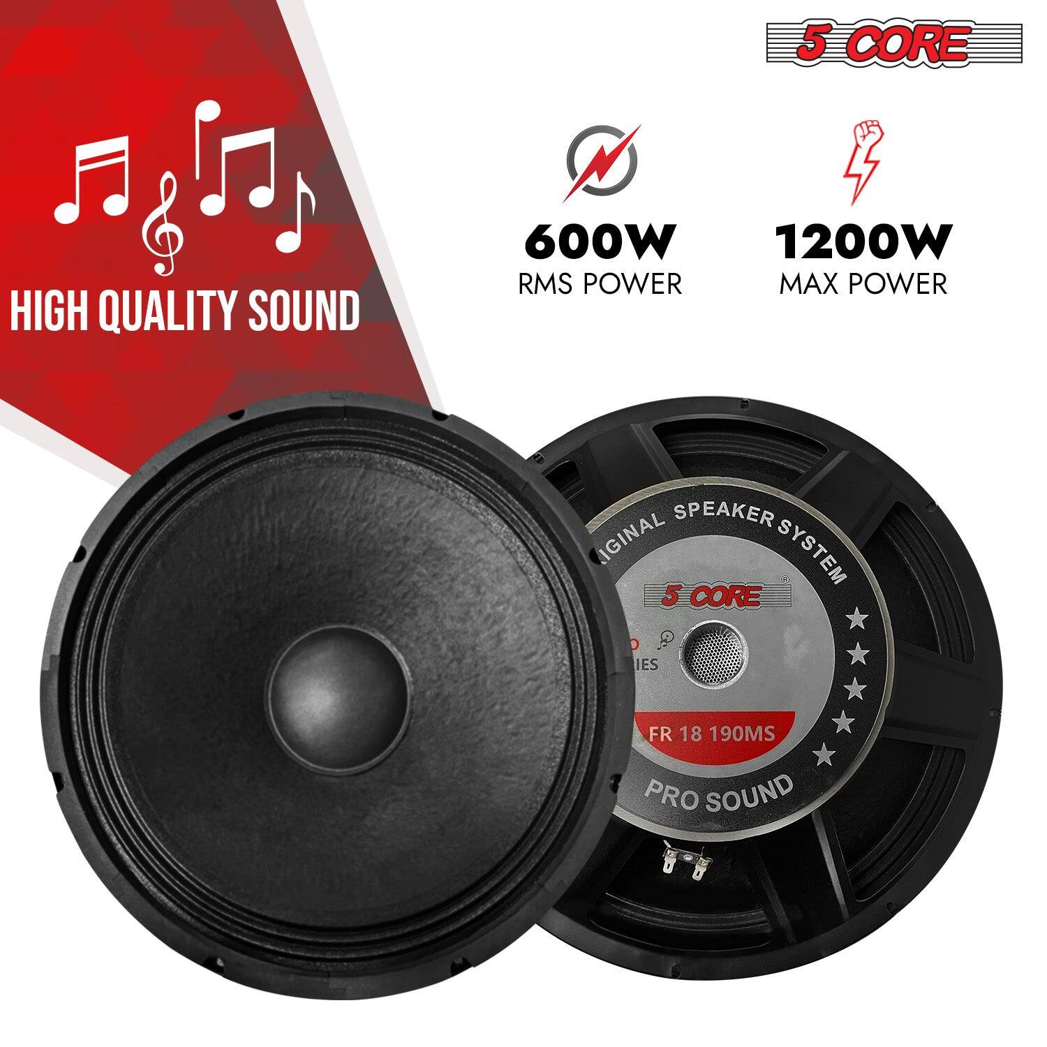 5 CORE, HIGH QUALITY SOUND, 600W RMS POWER, 1200W MAX POWER, SPEAKER SYSTEM, 5 CORE, FR 18 190MS, PRO SOUND