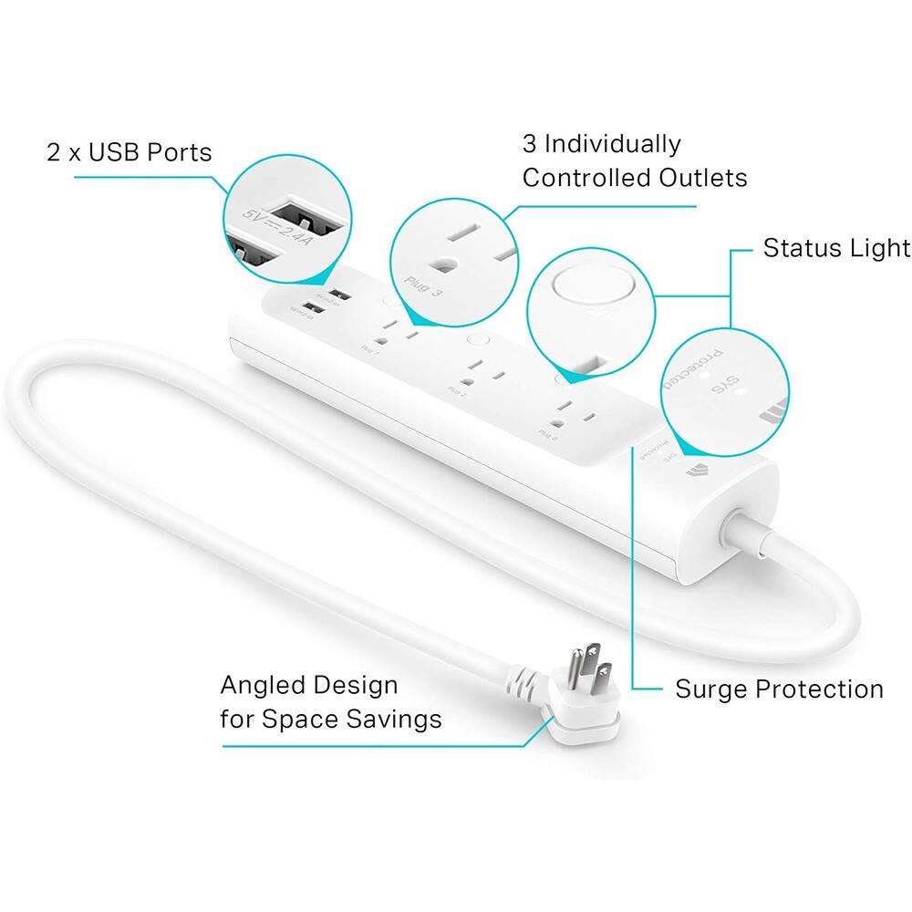 2 x USB Ports  
5V=2.4A  

3 Individually Controlled Outlets  

Status Light  

Angled Design for Space Savings  

Surge Protection