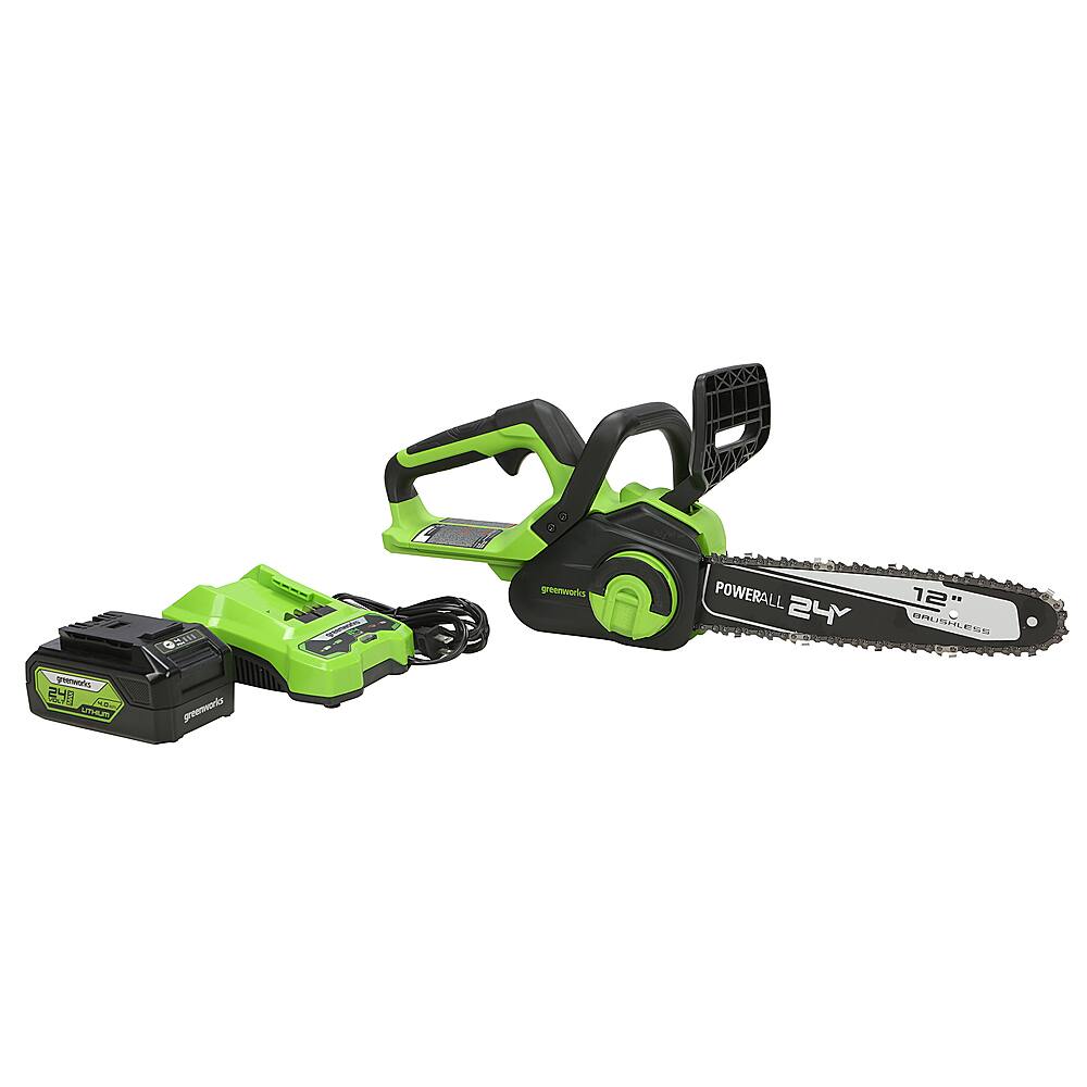 Angle. Greenworks - 12 in. 24-Volt Cordless Brushless Chainsaw (4Ah USB Battery and Charger Included) - Green.