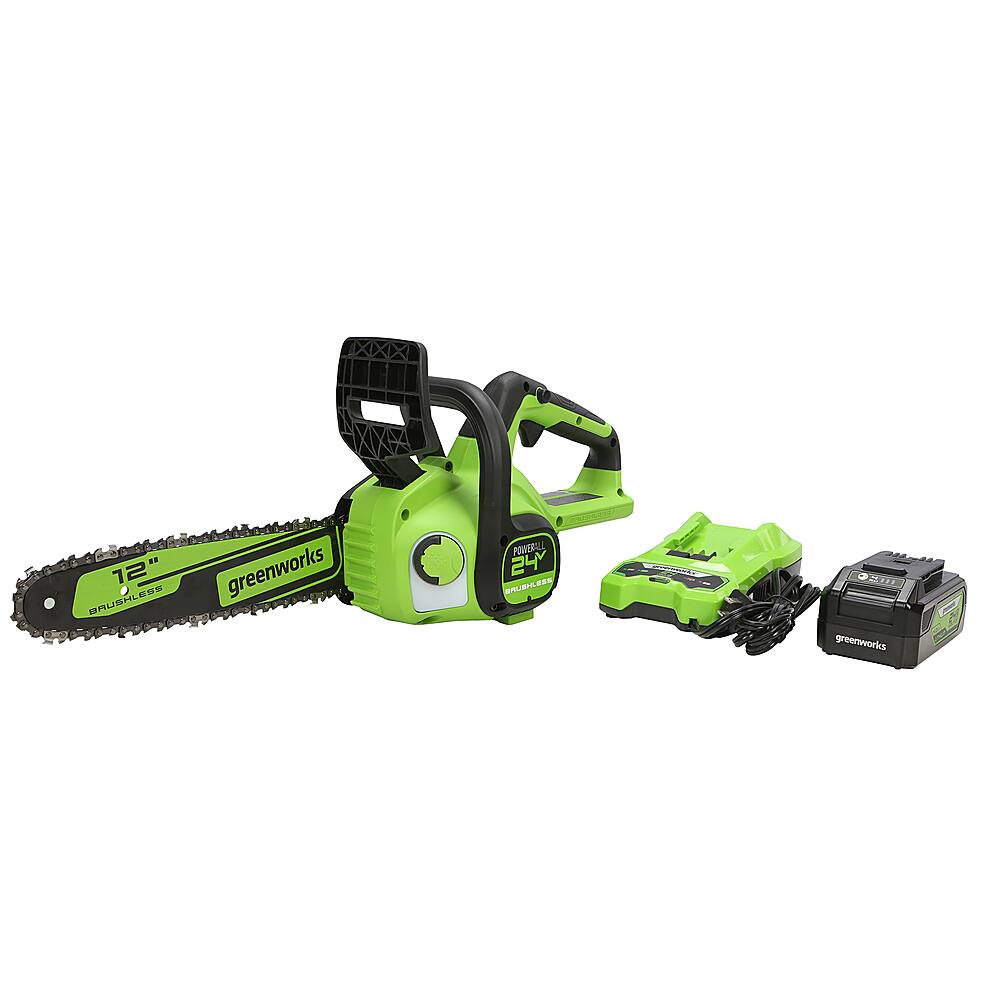 Front. Greenworks - 12 in. 24-Volt Cordless Brushless Chainsaw (4Ah USB Battery and Charger Included) - Green.