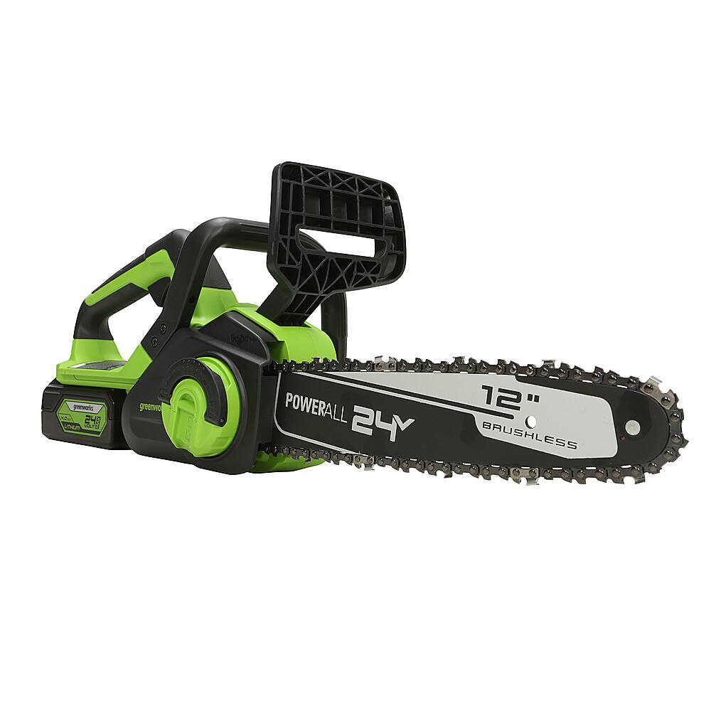 Left. Greenworks - 12 in. 24-Volt Cordless Brushless Chainsaw (4Ah USB Battery and Charger Included) - Green.