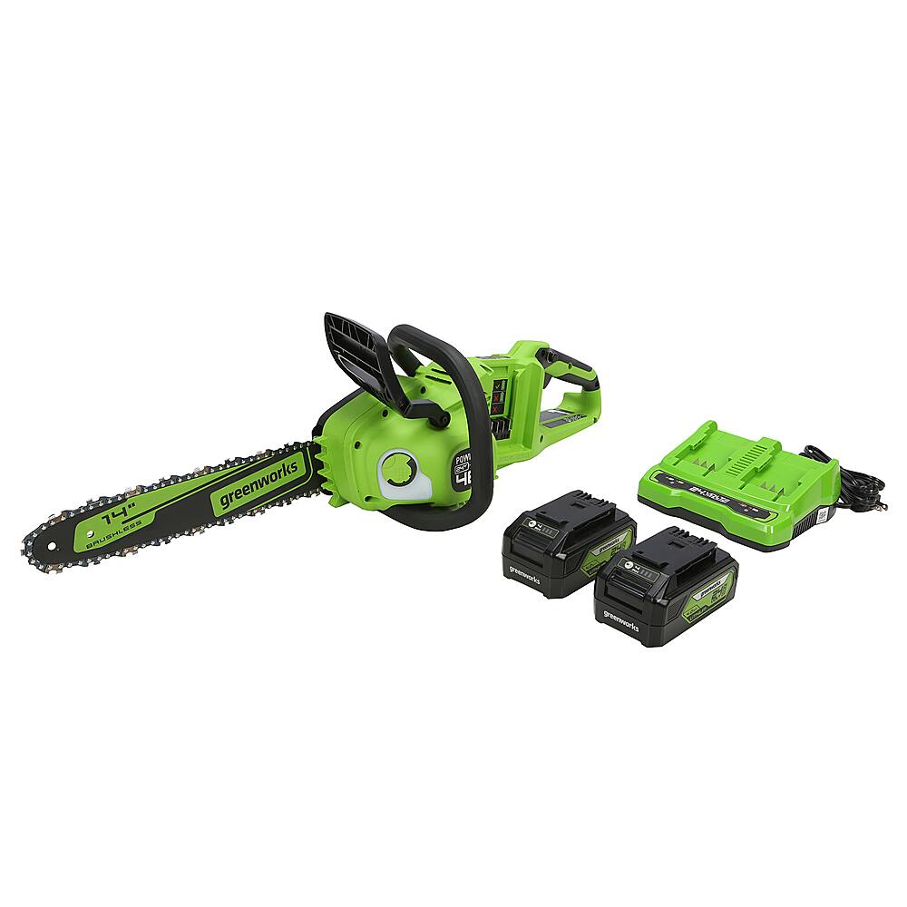 Angle. Greenworks - 24V 14” Brushless Cordless Chainsaw (2 4.0 Ah Batteries Dual-Port Rapid Charger Included) - Green.