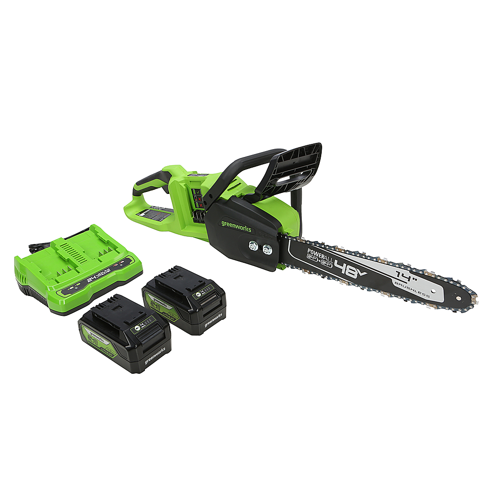 Greenworks 24V (2x24V) 14-Inch Cordless Brushless Chainsaw (2 x 4Ah  Batteries and 1 x Dual Port Charger) Green 2017902 - Best Buy