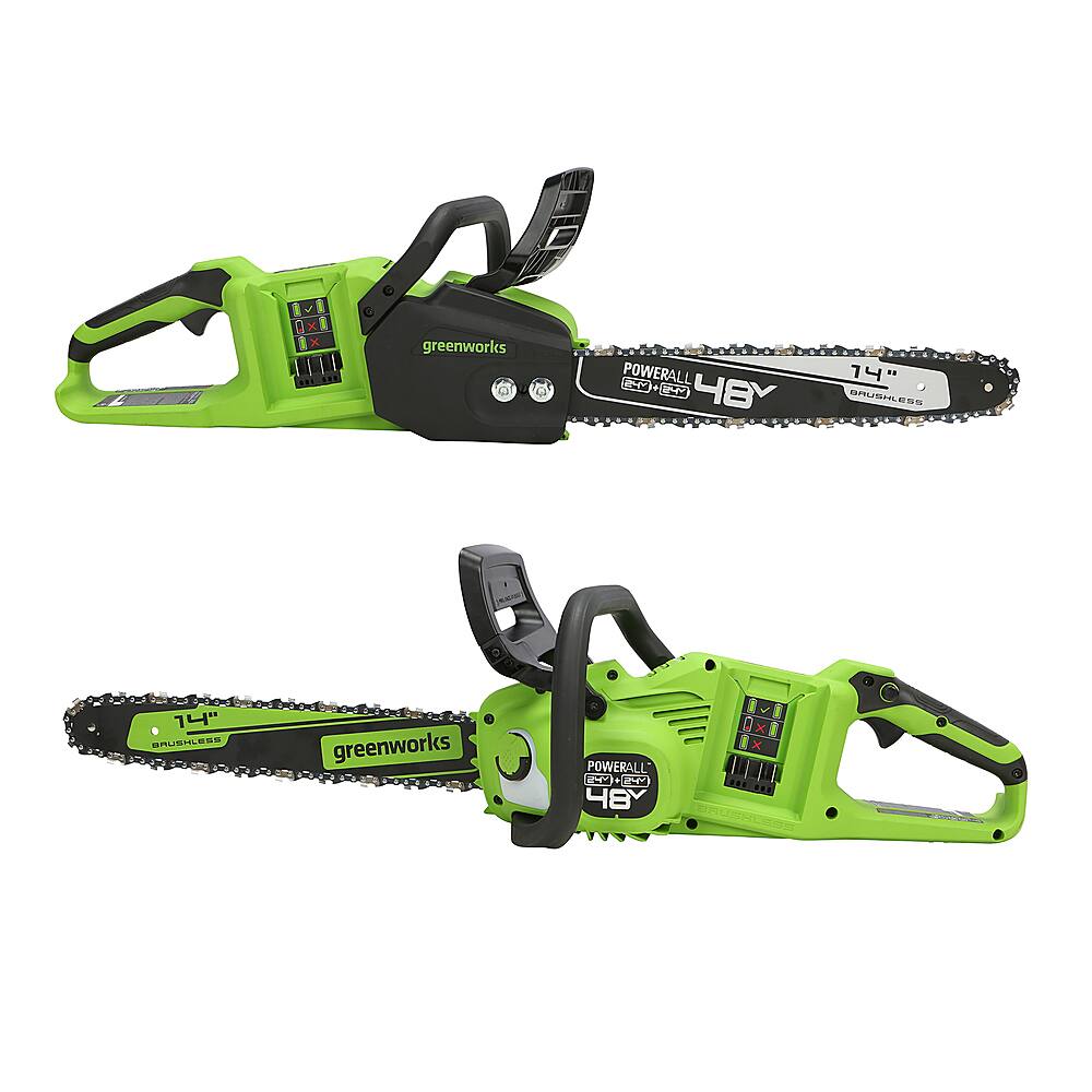 Left. Greenworks - 24V 14” Brushless Cordless Chainsaw (2 4.0 Ah Batteries Dual-Port Rapid Charger Included) - Green.