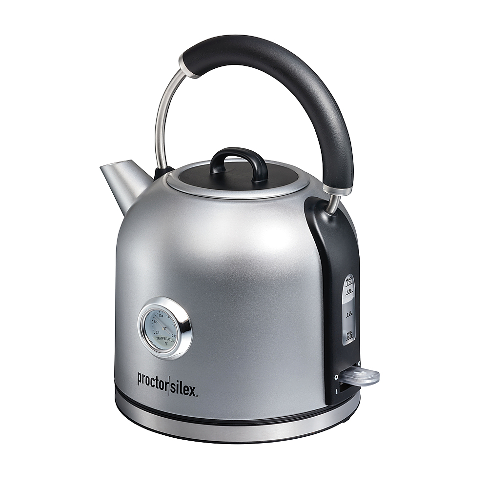 Angle View: Proctor Silex Electric 1.7 Liter Dome Kettle with Temperature Gauge - STAINLESS STEEL
