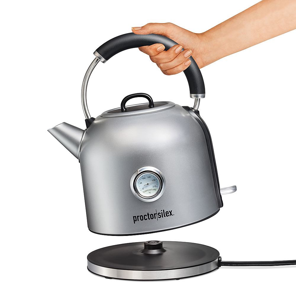 Left View: Proctor Silex Electric 1.7 Liter Dome Kettle with Temperature Gauge - STAINLESS STEEL