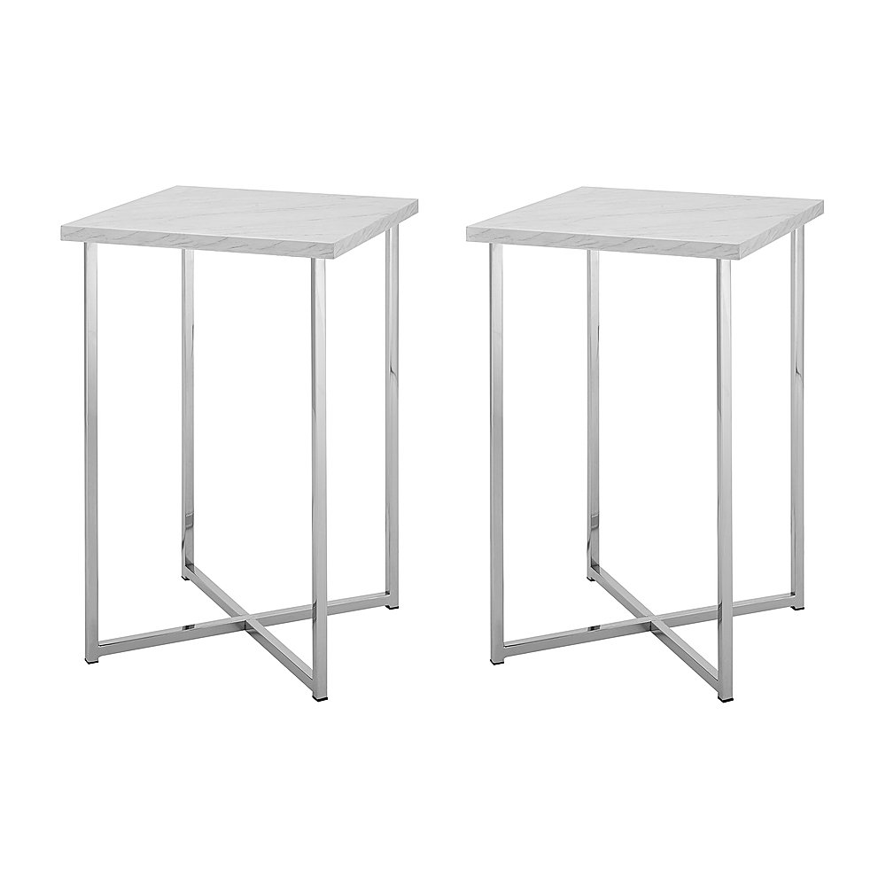 Left View: Walker Edison - Modern Glam Faux Marble Side Table Set of 2 - Faux White Marble/Chrome
