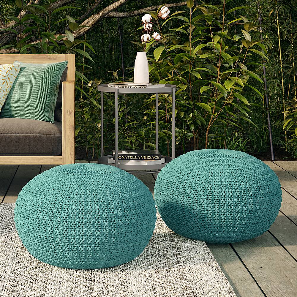 Left View: Simpli Home - Sonata Round Knitted Pouf - Aqua