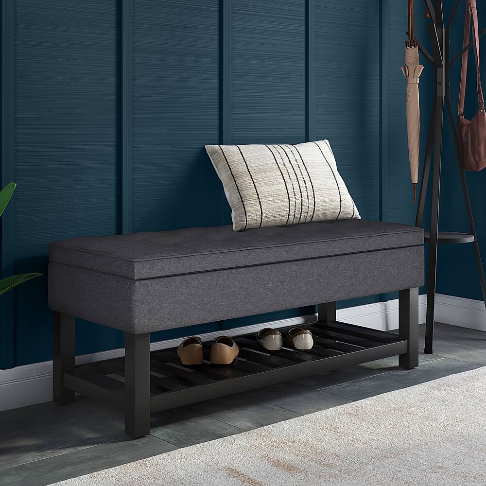 Left View: Simpli Home - Cosmopolitan Storage Ottoman Bench with Open Bottom - Slate Grey