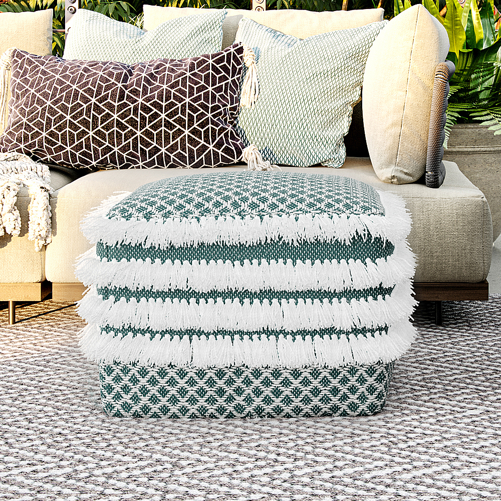 Left View: Simpli Home - Leah Square Woven Pouf - Turquoise and White