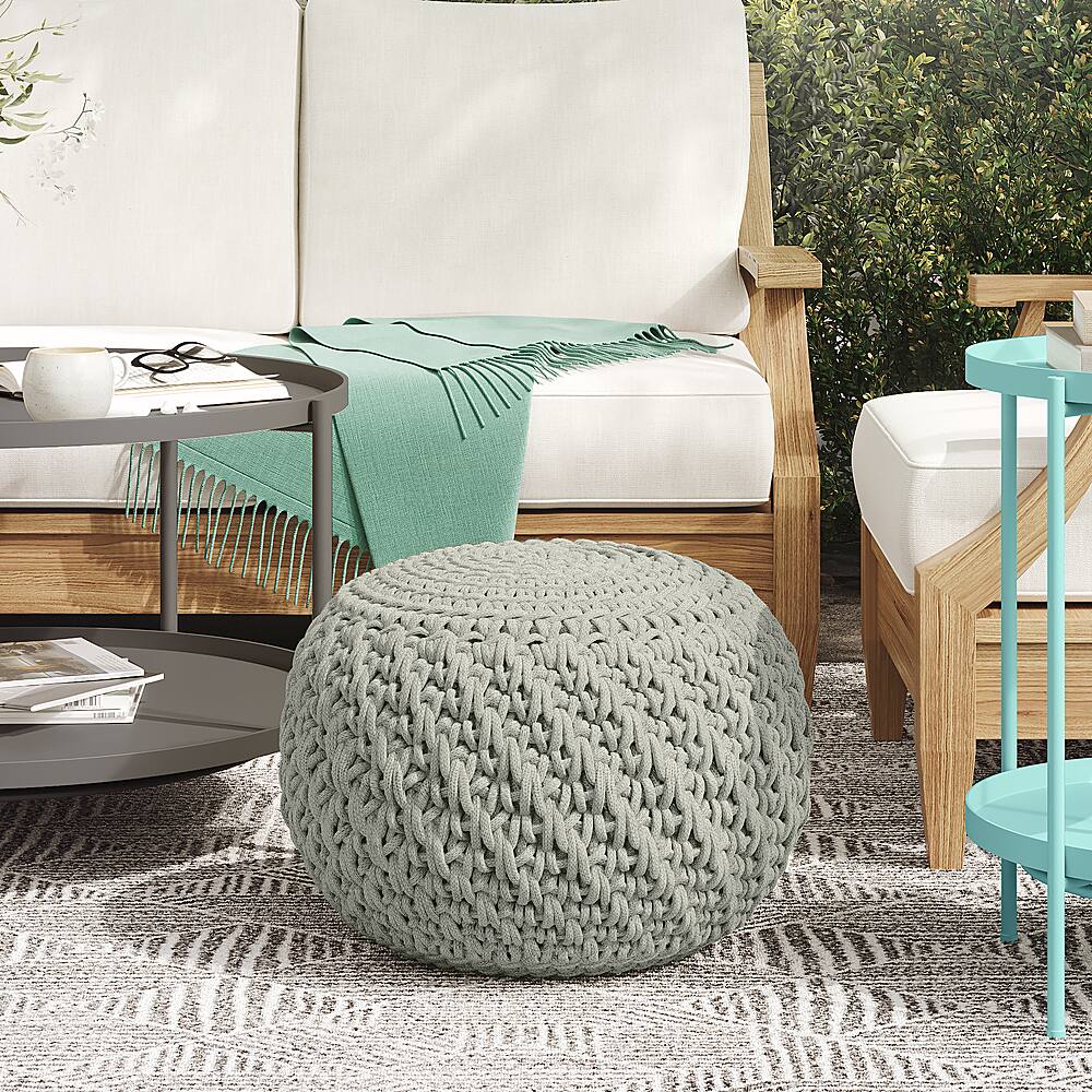 Left View: Simpli Home - Nisi Round Knitted Pouf - Light Grey