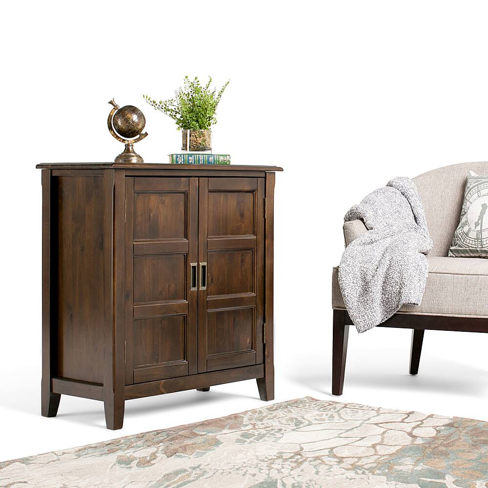 Left View: Simpli Home - Burlington Low Storage Cabinet - Mahogany Brown