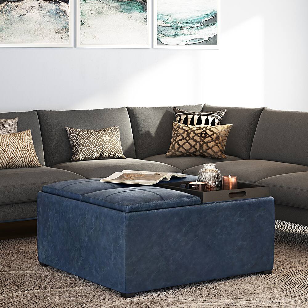 Left View: Simpli Home - Avalon Square Coffee Table Storage Ottoman - Denim Blue