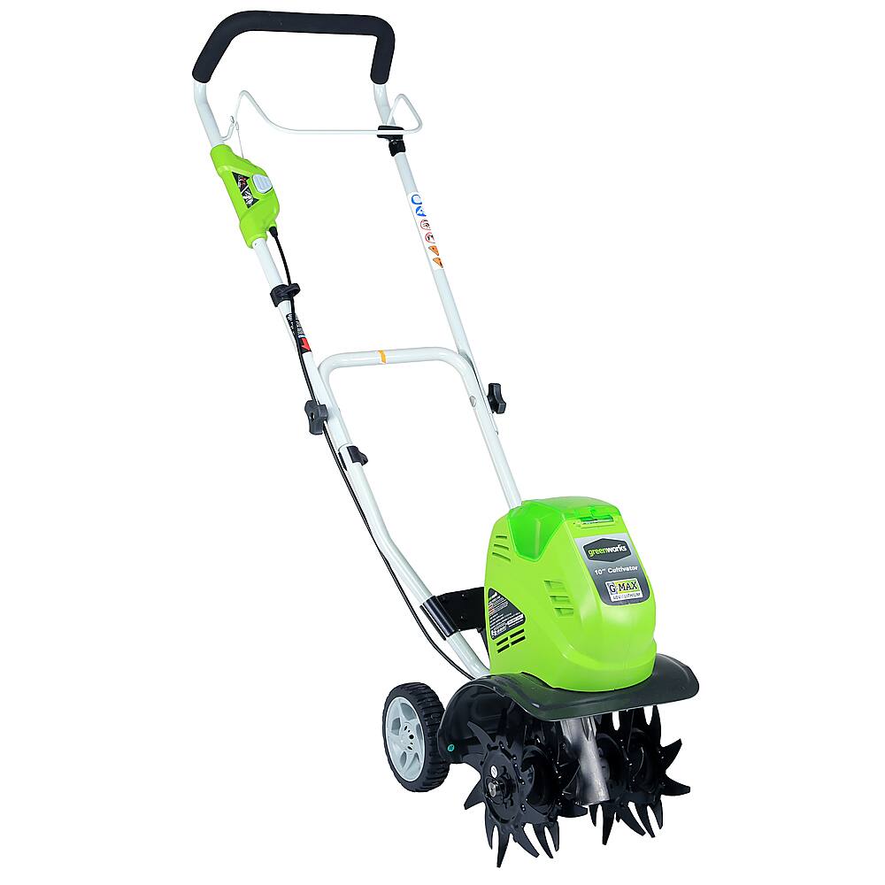 Left View: Greenworks 40V 10" Cordless Cultivator/Tiller with 4.0Ah Battery & Charger 27062
