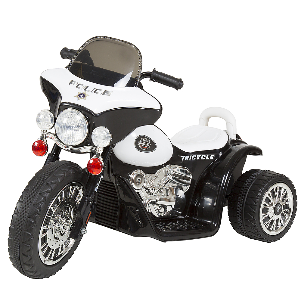 Kids Motorcycle Ride On Toy 3-Wheel Battery Powered Motorbike Police Decals, Reverse, and Headlights by Toy Time - White