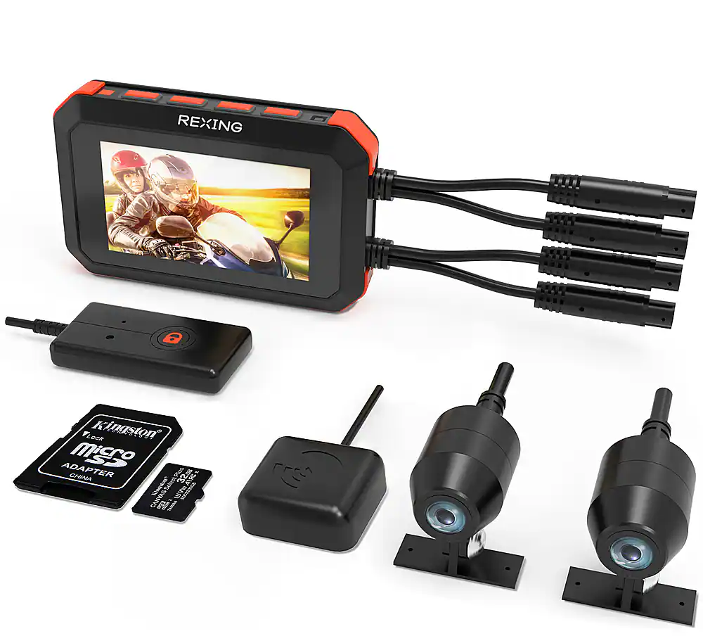 Front. Rexing - 3" 1080p Dual Motorcycle Wi-Fi, GPS, Dash Cam with Handlebar Mount and 32GB Micro SD Card - Black.