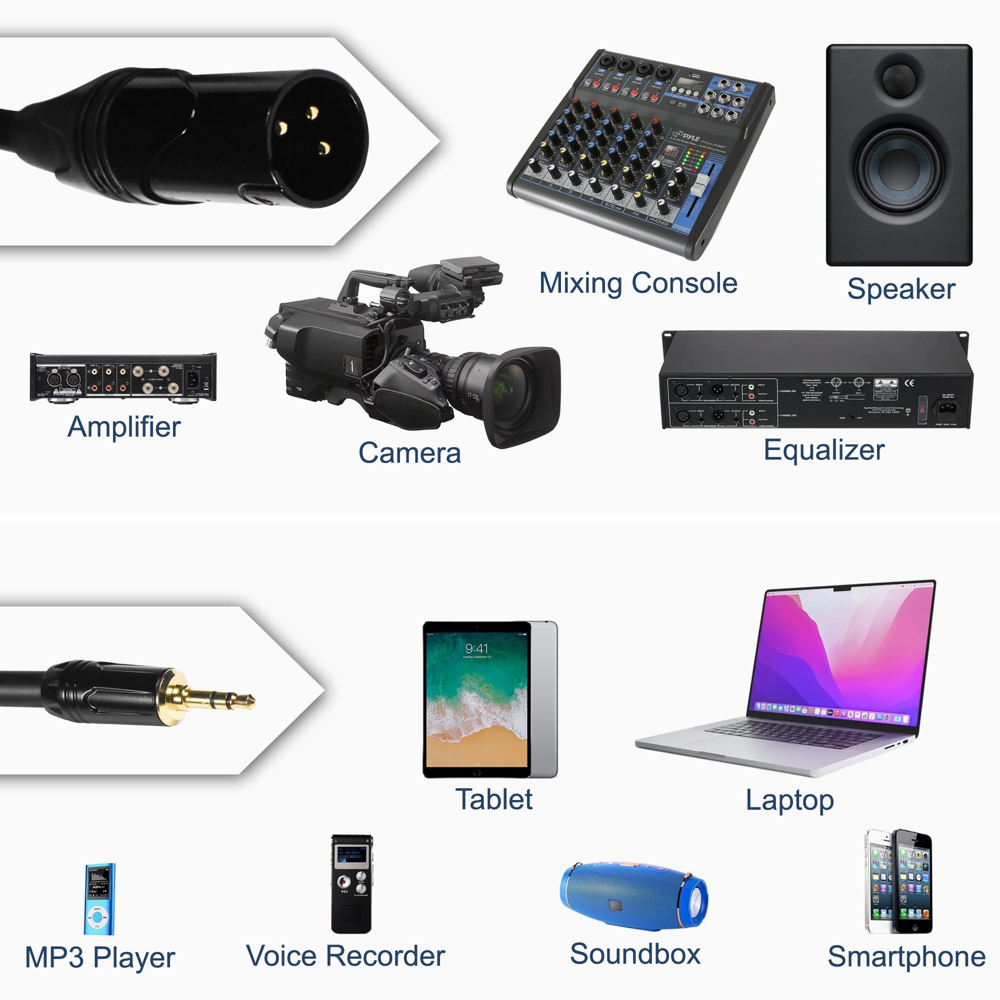 - Mixing Console
- Speaker
- Amplifier
- Camera
- Equalizer
- Tablet
- Laptop
- MP3 Player
- Voice Recorder
- Soundbox
- Smartphone