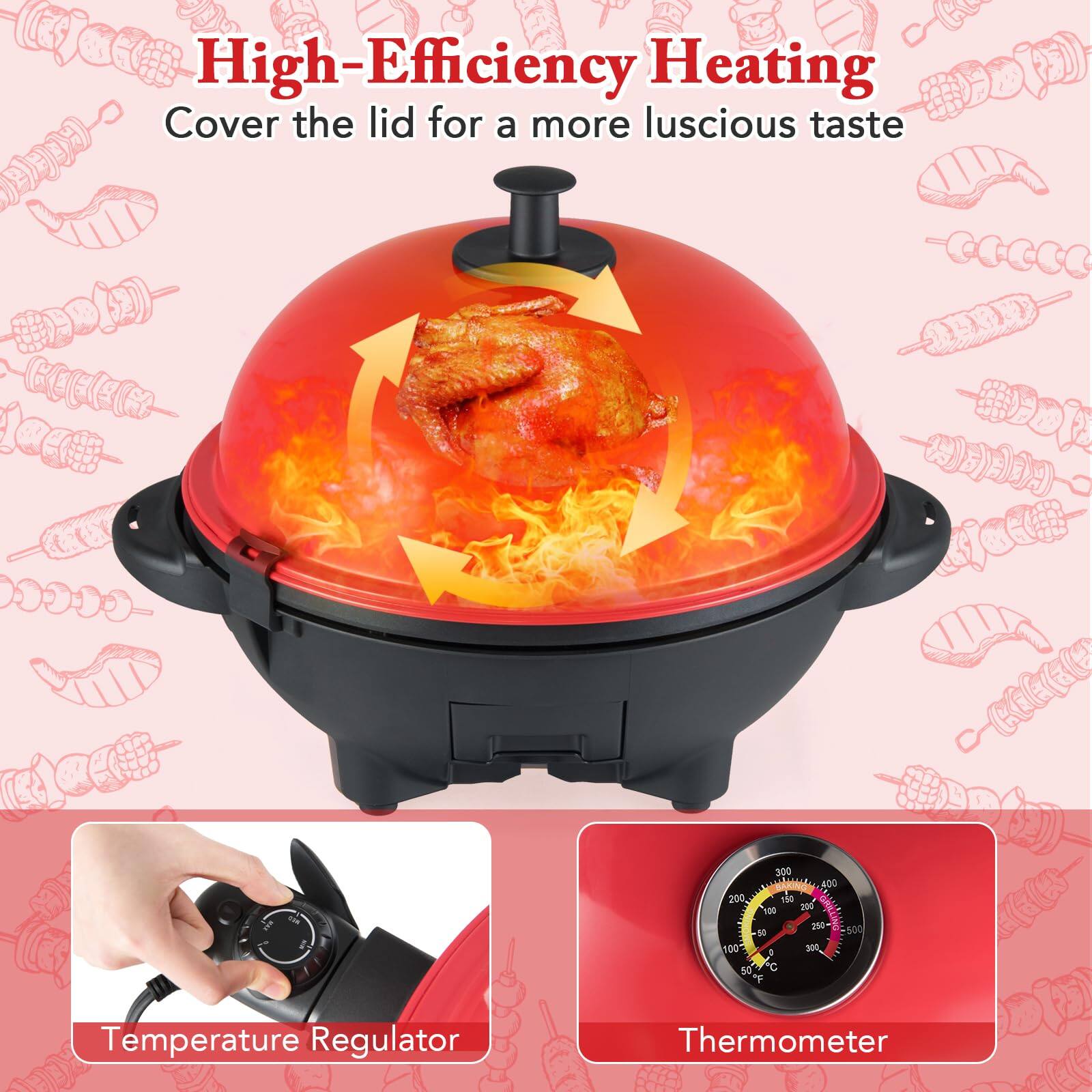 High-Efficiency Heating  
Cover the lid for a more luscious taste  

Temperature Regulator  
Thermometer