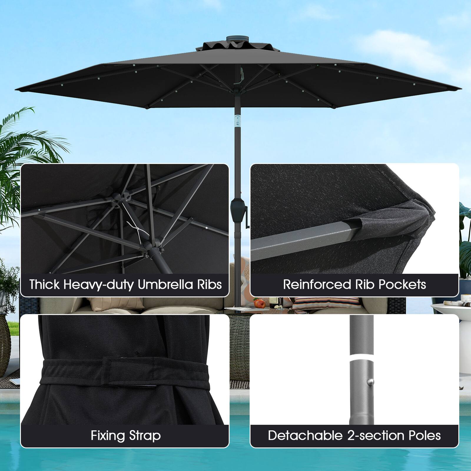 Thick Heavy-duty Umbrella Ribs Reinforced Rib Pockets Fixing Strap Detachable 2-section Poles
