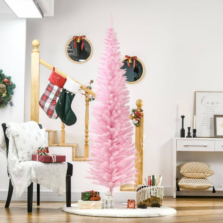 Alt View 2. PULUZ - 7ft Unlit Pencil Artificial Christmas Tree with Realistic Branches and 499 Tips, Plastic Base - Pink.