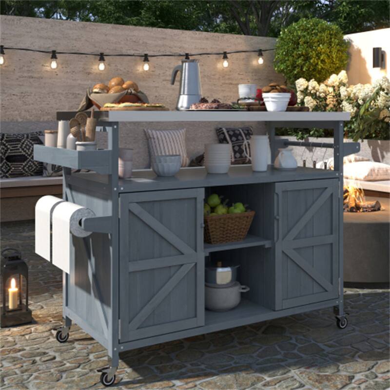 Alt View 5. HTUTWOO - Outdoor Kitchen Island Rolling Bar Cart -Wood Grill Table with Stainless Steel Top,Storage Cabinet,Spice Rack,Towel Rack - Grey Blue.