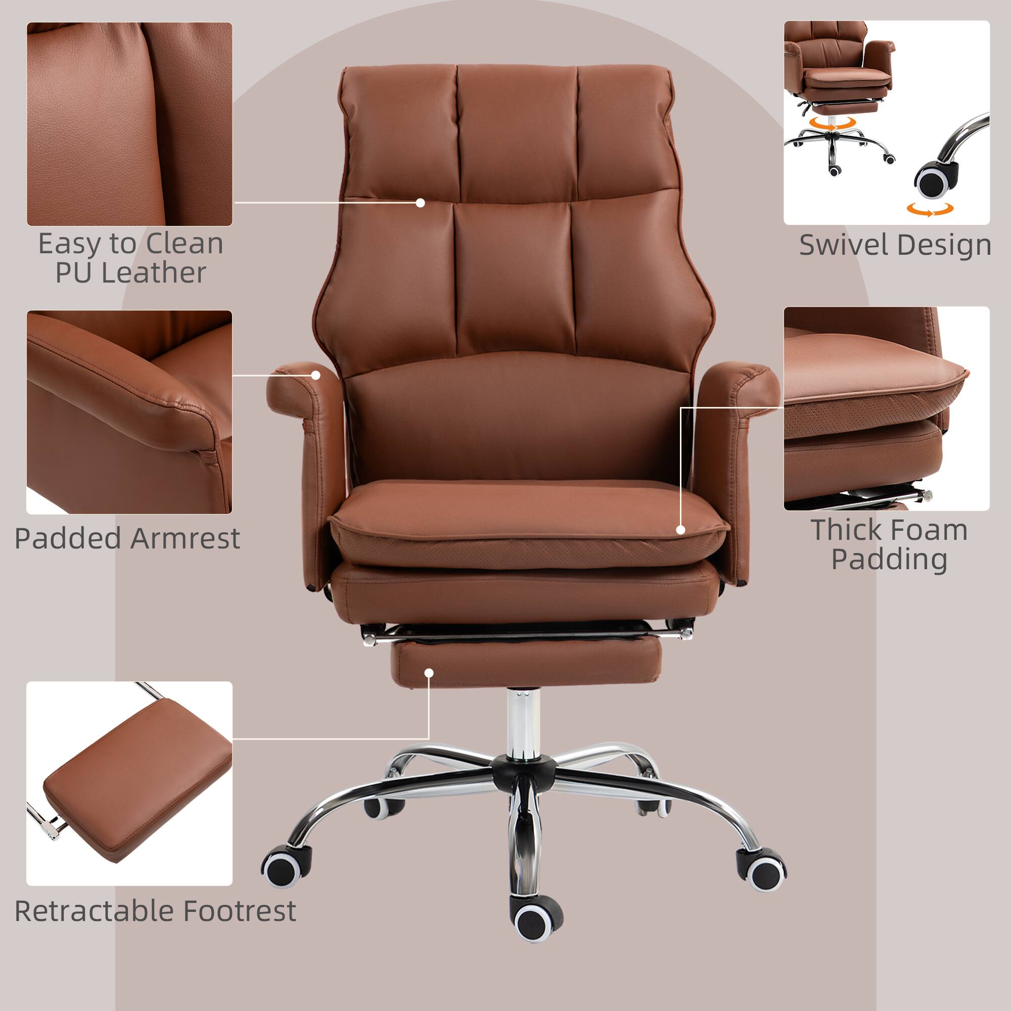 Easy to Clean PU Leather, Swivel Design, Padded Armrest, Thick Foam Padding, Retractable Footrest