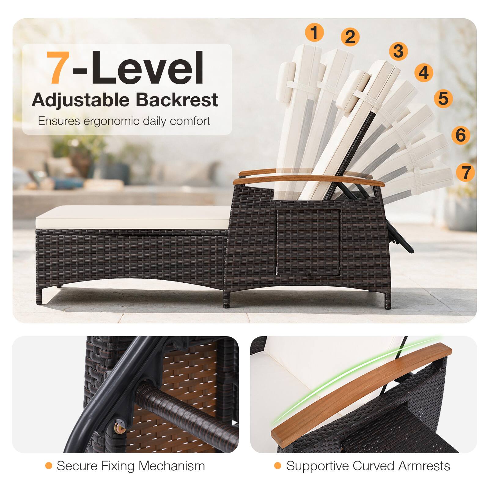 7-Level Adjustable Backrest Ensures ergonomic daily comfort

1
2
3
4
5
6
7

Secure Fixing Mechanism

Supportive Curved Armrests