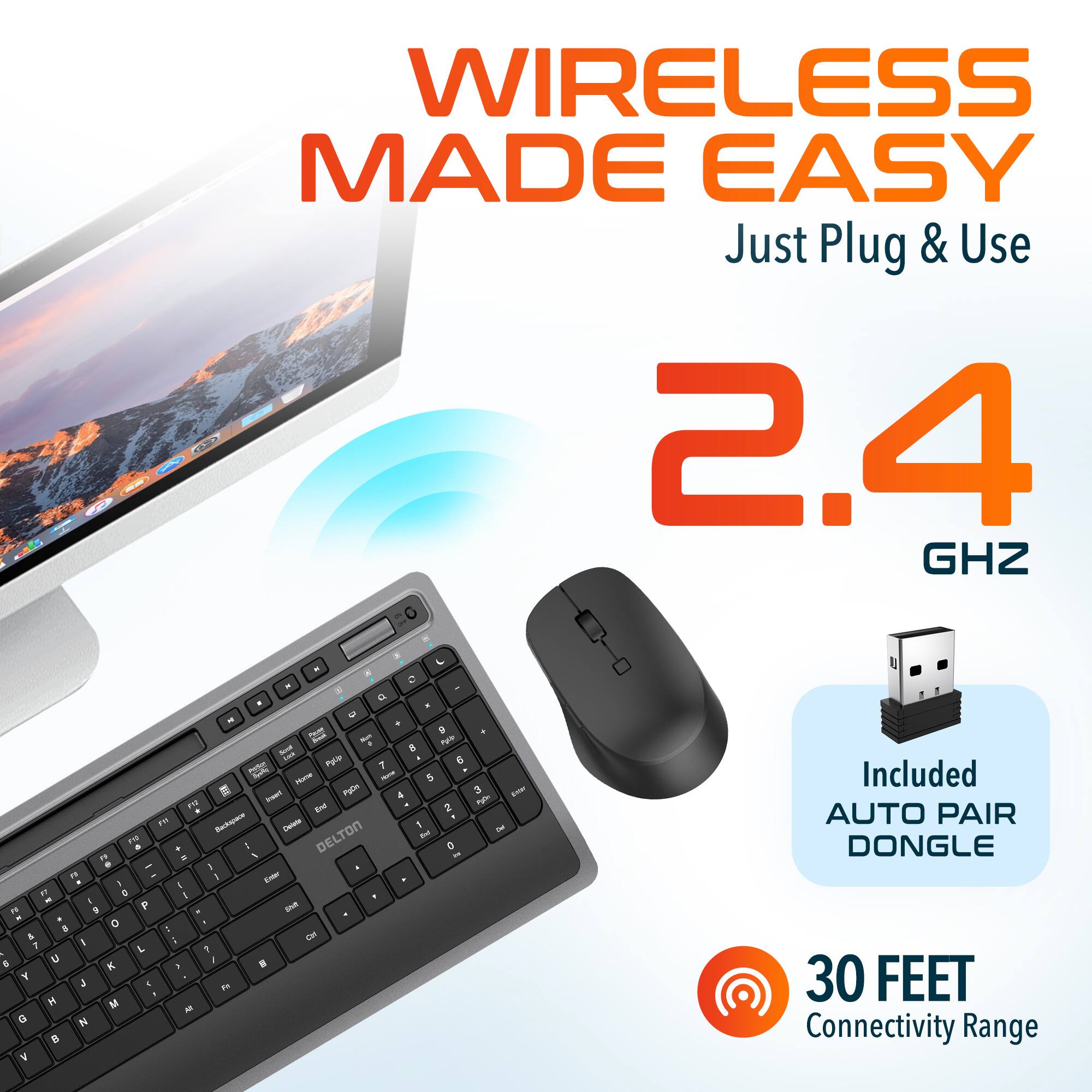 WIRELESS MADE EASY Just Plug & Use 2.4 GHZ Included AUTO PAIR DONGLE 30 FEET Connectivity Range