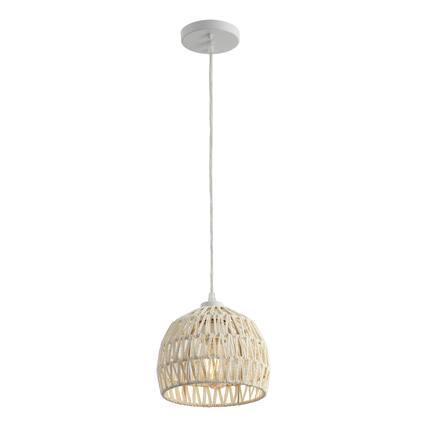 Front. Jonathan Y - Campana 8.25" 1-Light Bohemian Modern Woven Rope/Iron LED Pendant, Cream - Cream.