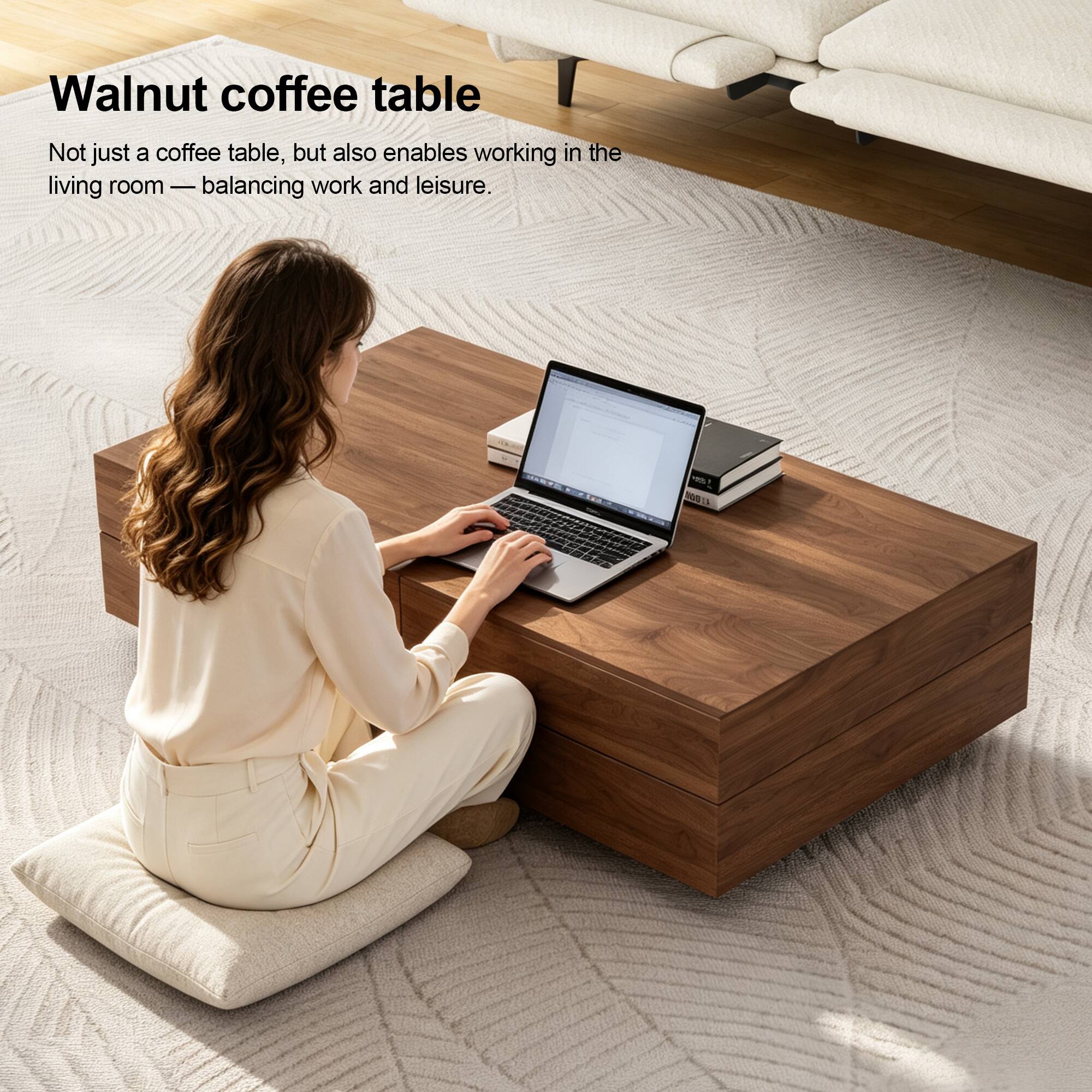 Walnut coffee table  
Not just a coffee table, but also enables working in the living room — balancing work and leisure.