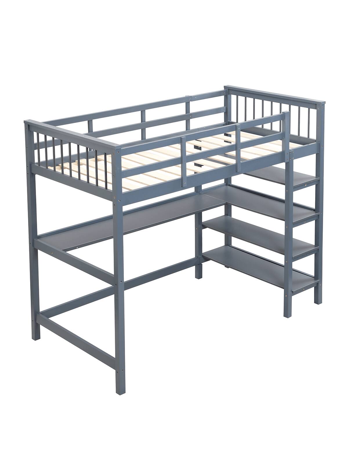 Alt View 5. Trinkets Crazed - Twin Loft Bed With Desk And 4-Layer Shelves, Loft Bed Twin Size With Under Desk And Bookcase Storage - Gray.