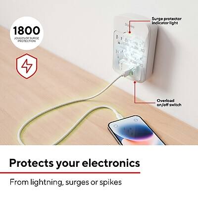 1800 JOULE SURGE PROTECTION

- Surge protector indicator light
- Overload on/off switch

Protects your electronics from lightning, surges, or spikes
