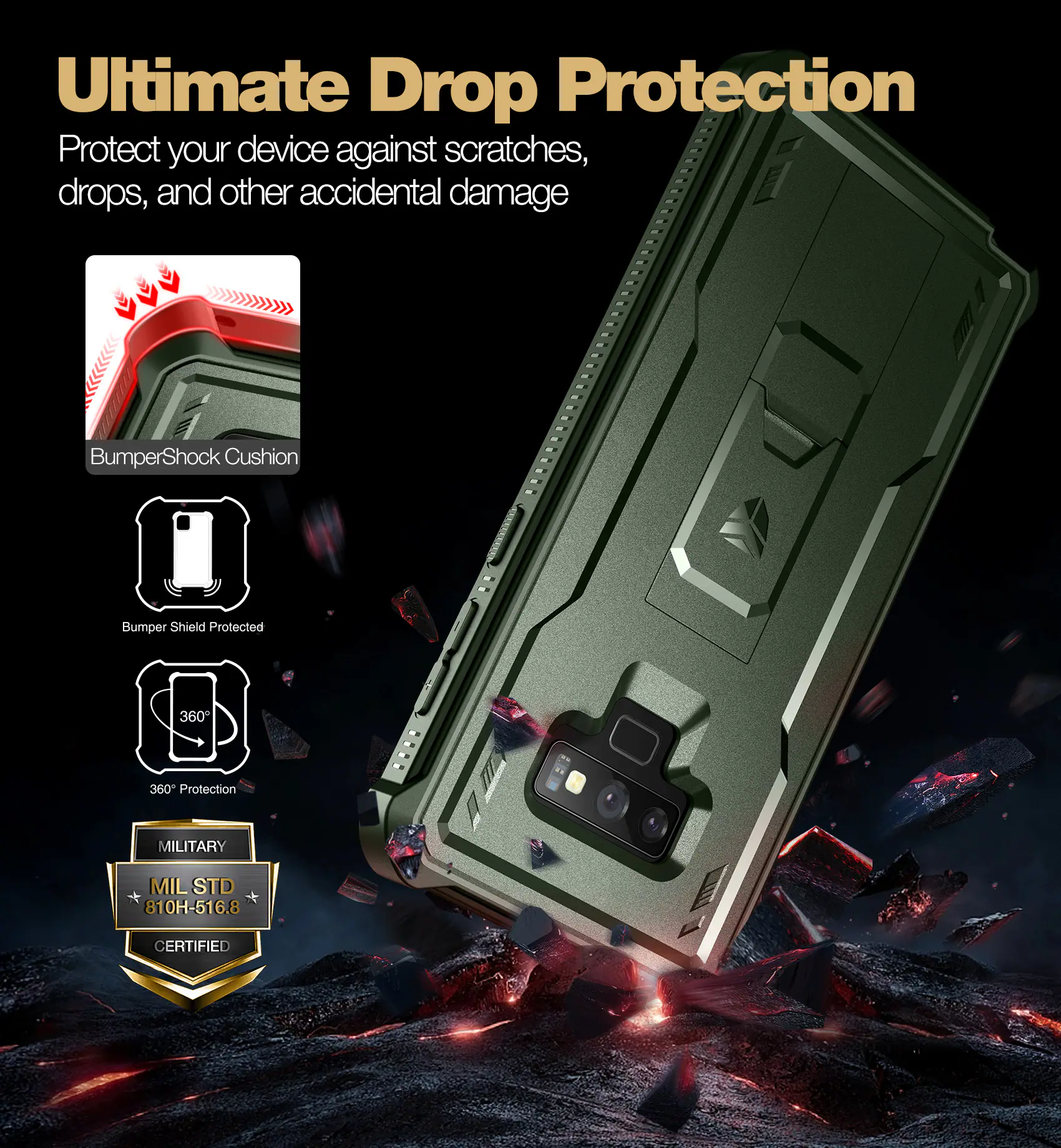 Ultimate Drop Protection

Protect your device against scratches, drops, and other accidental damage

- BumperShock Cushion
- Bumper Shield Protected
- 360° Protection
- MILITARY MIL STD 810H-516.8 CERTIFIED