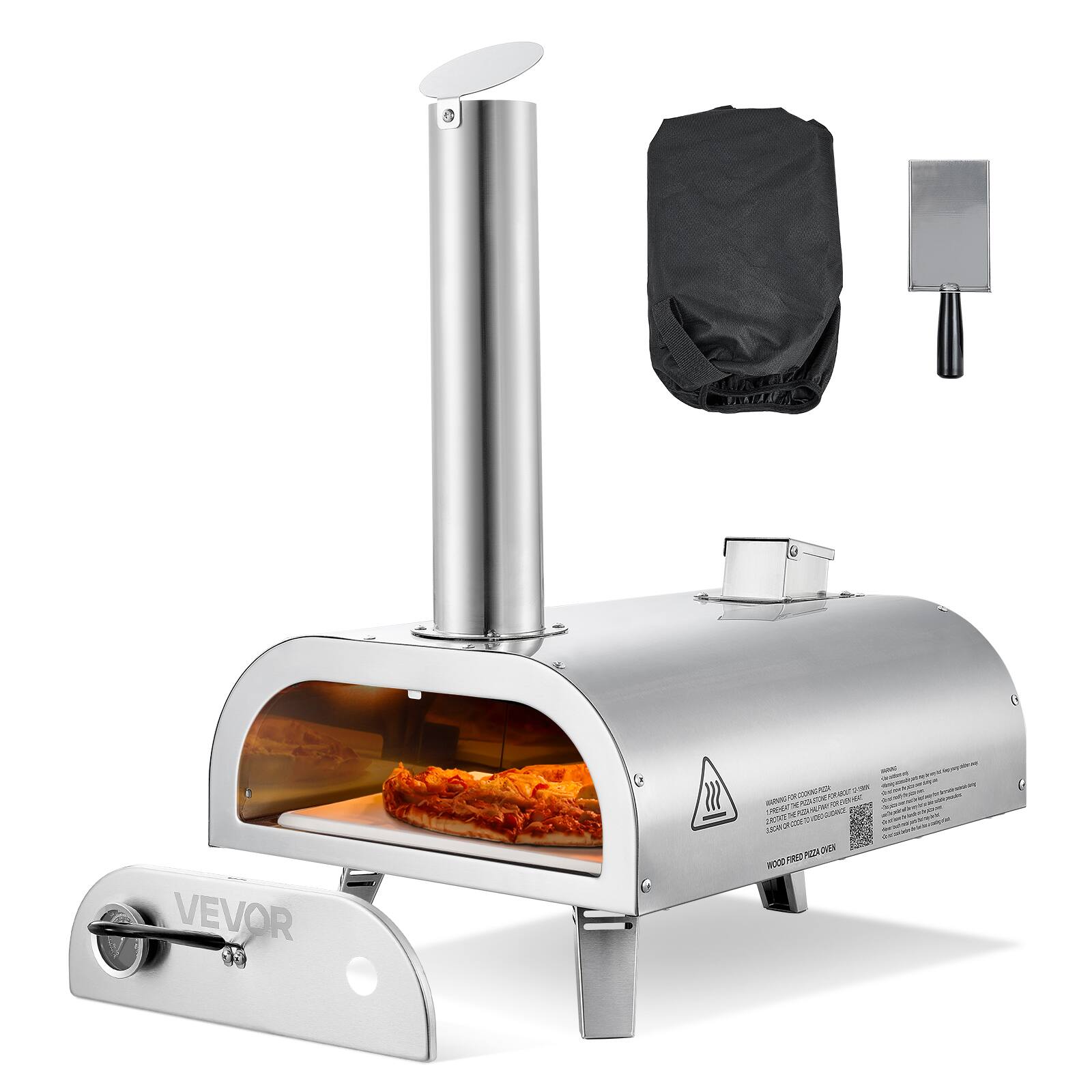 VEVOR - Pizza Oven Outdoor, 12" Pellet Pizza Oven, Portable Pizza-Stove with Built-in Thermometer - Silver