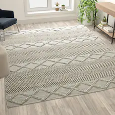 Front. Emma + Oliver - Triple Blend Handwoven Geometric Area Rug - White/Ivory.