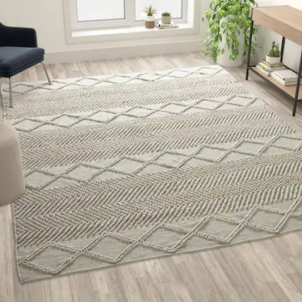 Front. Emma + Oliver - Triple Blend Handwoven Geometric Area Rug - White/Ivory.