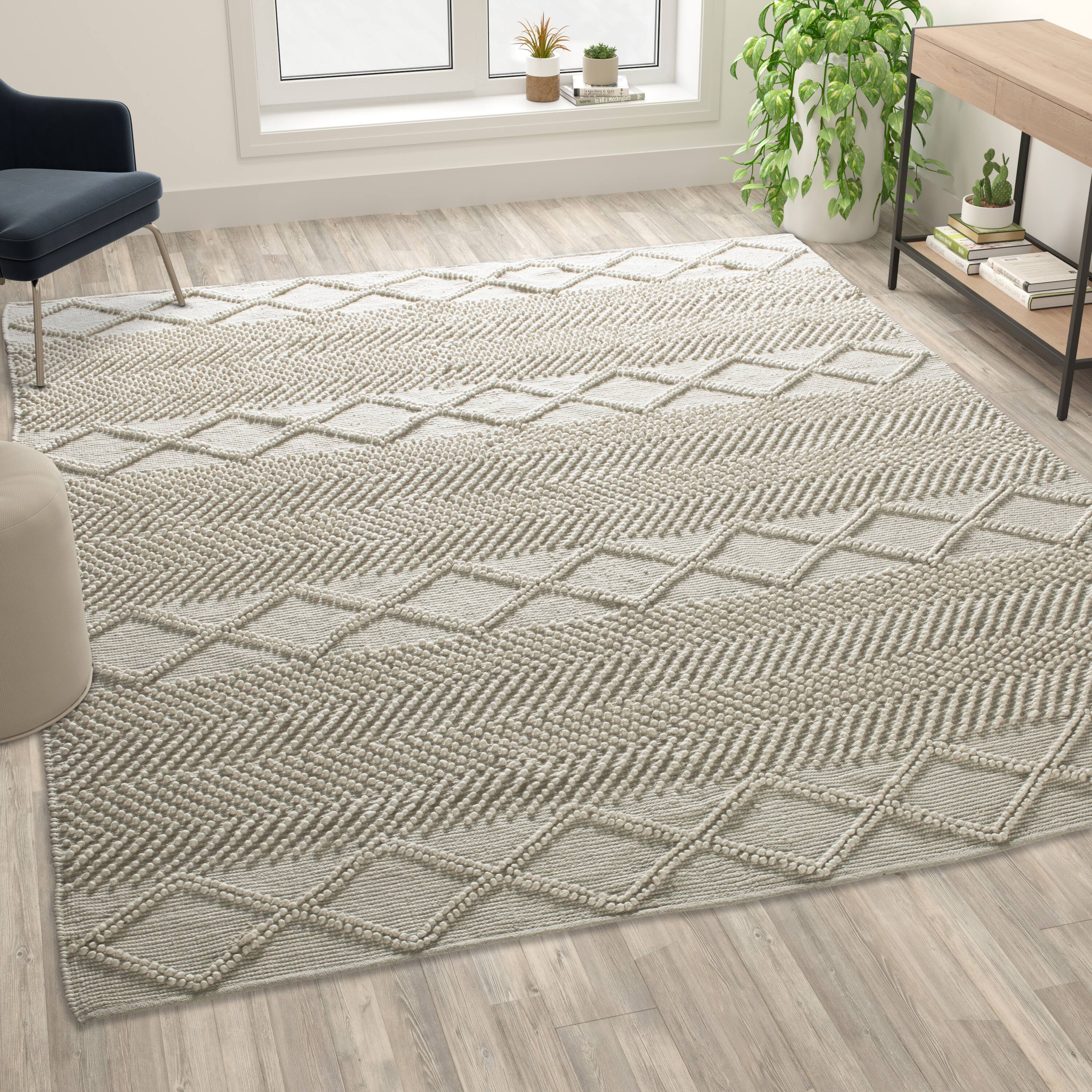 Emma + Oliver - Triple Blend Handwoven Geometric Area Rug - White/Ivory