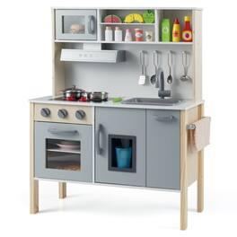 Costway - Kids Kitchen Playset Wooden Pretend Play Chef Toy with Microwave & Accessories - Gray